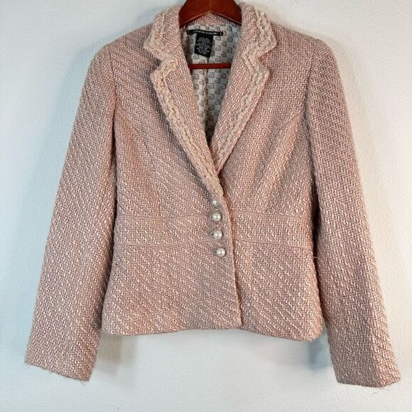 Vintage Y2K Pierre Cardin Pink Tweed Blazer Women’s 8P Preppy Coquette Pearls - Picture 1 of 8